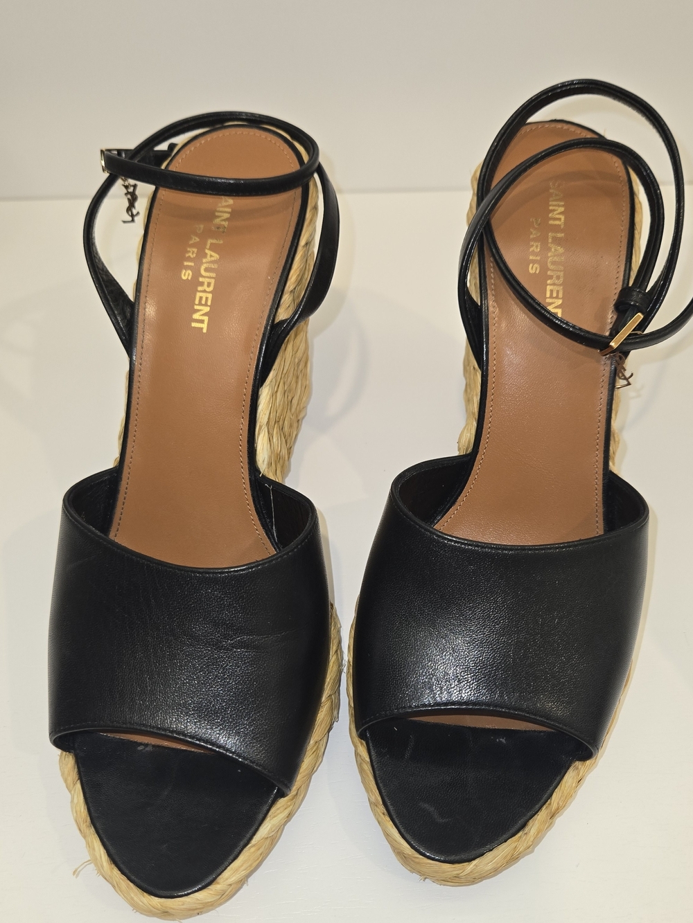 Saint Laurent Paloma Black Leather Raffia Espadrille Wedge Sandals 41